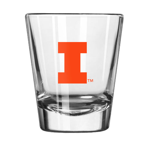 Illinois Gameday 2oz shot glass from Logo Brands, clear drinkware with Illinois logo and team colors.
