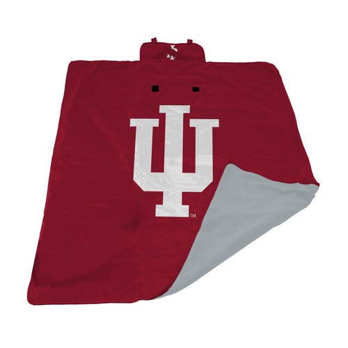 Large Indiana All Weather Outdoor Blanket by Logo Brands, weather-resistant fabric, shown spread on grass for outdoor use.