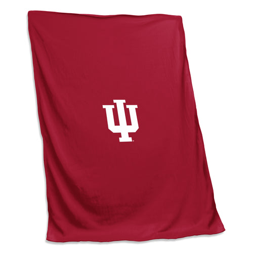 Indiana Sweatshirt Blanket by Logo Brands, soft fleece blanket featuring Indiana sports team logo and design, laid flat.