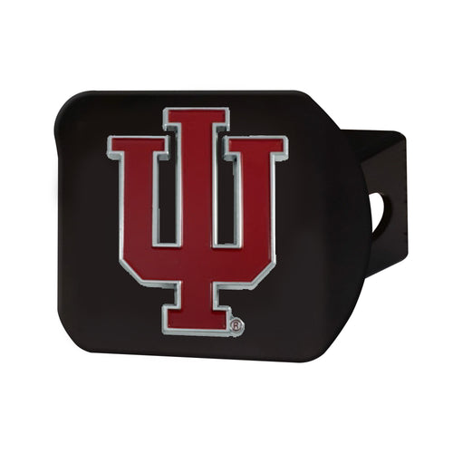 Indiana University Logo Brands hitch cover with black background, featuring the university's colors and emblem for vehicle decoration.