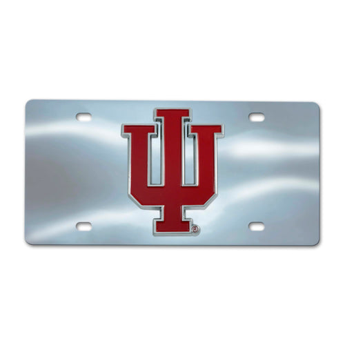Indiana University chrome diecast license plate with logo branding, featuring the university name and emblem in a shiny finish.