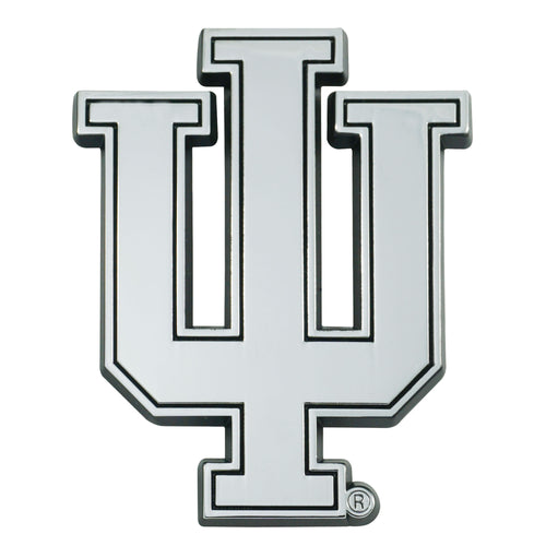 Indiana University Chrome Emblem by Logo Brands, featuring a shiny university crest emblem on a reflective chrome background.