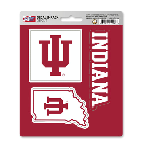 Set of three Indiana University decals featuring logo designs, ideal for decorating laptops, water bottles, or notebooks.