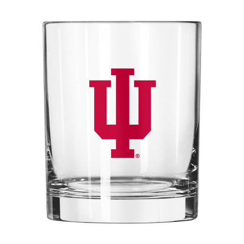 Indiana 14oz Gameday Rocks Glass by Logo Brands, clear drinkware with Indiana logo for sports fans, showing the glass with ice.