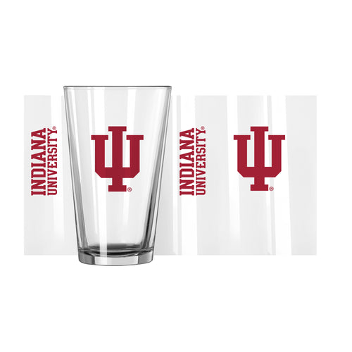 Indiana 16oz Gameday pint glass with logo and team colors, made by Logo Brands, featuring team name and design on clear glass.