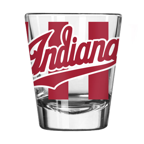 Indiana Candy Stripe 2oz shot glass from Logo Brands, featuring colorful candy stripe design and clear glass material.