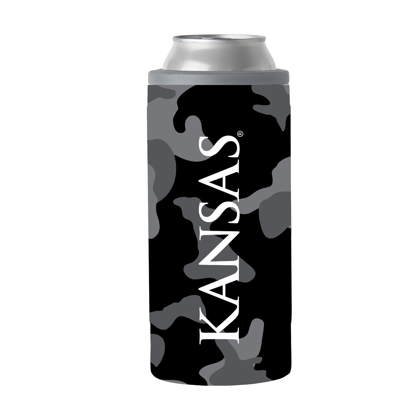 Kansas Black Camo 12oz Slim Can Coolie