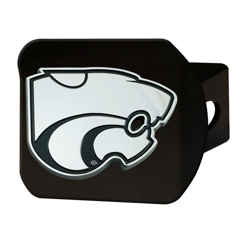 Kansas State University chrome hitch cover on black background, featuring university logo for car accessory.