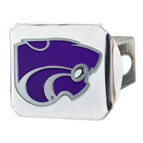 Kansas State University logo hitch cover on chrome, durable vehicle accessory featuring college colors and emblem.