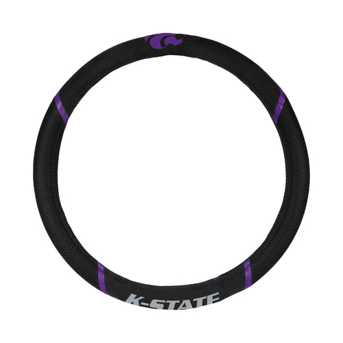 Kansas State University logo steering wheel cover on car steering wheel, auto accessory by Logo Brands.