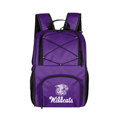 Kansas State Vault 24 Can Flex Backpack Cooler by Logo Brands, black cooler with Kansas State logo and adjustable straps.