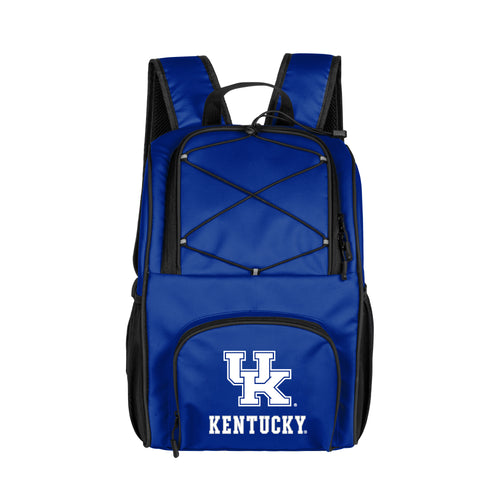 Kentucky 24 Can Flex Backpack Cooler by Logo Brands, black insulated cooler with adjustable straps and multiple compartments.