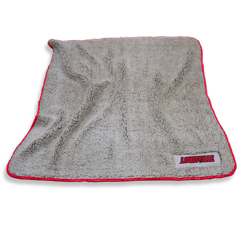 Louisville Frosty Fleece blanket by Logo Brands, soft and cozy throw with Louisville Cardinals logo and team colors.