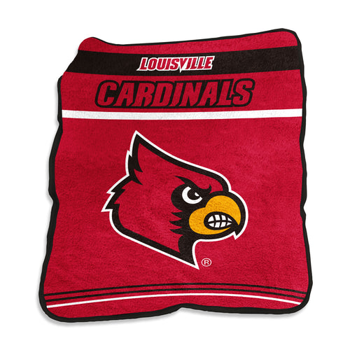 Louisville Gameday Raschel Throw blanket with team logo, soft knit fabric, featuring purple and gold colors for game day comfort.