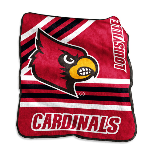 Louisville Raschel throw blanket by Logo Brands, soft textured fabric, features Louisville logo, perfect for cozy home use.