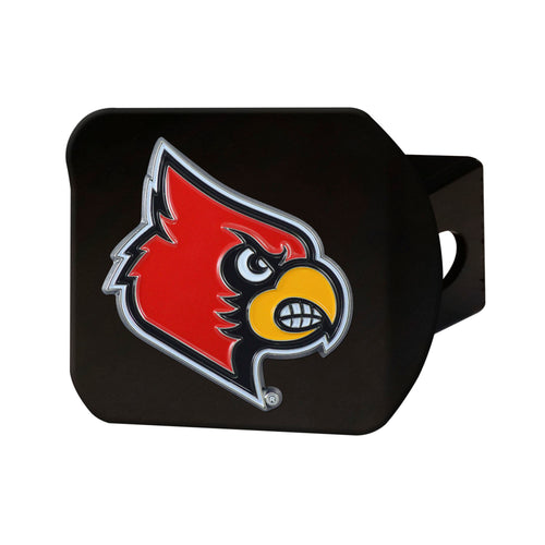 University of Louisville black hitch cover with colored logo, made by Logo Brands, designed to fit a vehicle hitch receiver.