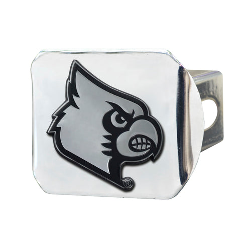 University of Louisville chrome hitch cover by Logo Brands, featuring Louisville logo on shiny chrome surface for vehicle decoration.
