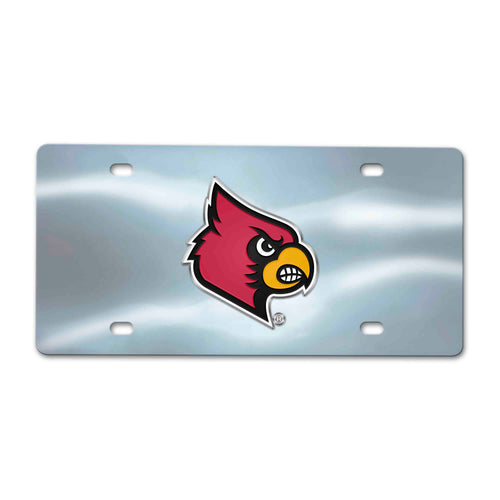 University of Louisville chrome diecast license plate by Logo Brands, featuring Louisville logo and shiny chrome finish.