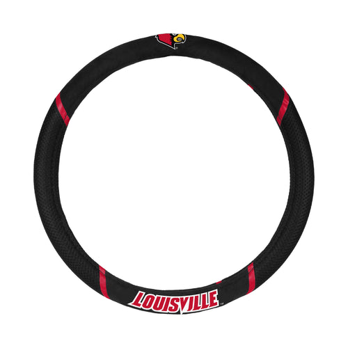 University of Louisville steering wheel cover by Logo Brands, auto cover with university logo and team colors on a car steering wheel.