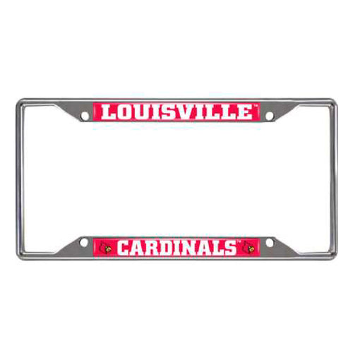 Chrome University of Louisville license plate frame with logo branding, designed to fit standard license plates.