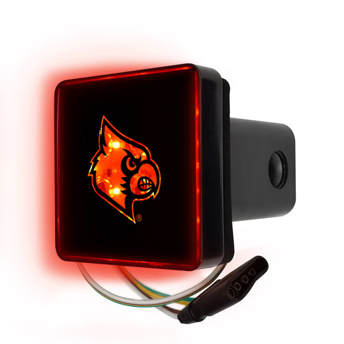 University of Louisville lighted hitch cover by Logo Brands showing the illuminated Louisville logo on a vehicle hitch.