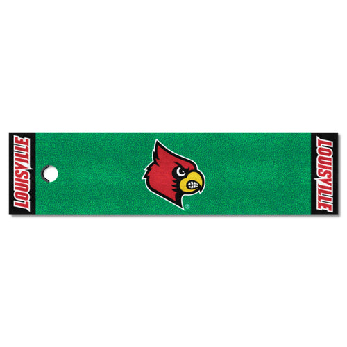 University of Louisville logo golf putting green mat by Logo Brands, featuring a realistic putting surface with Louisville team branding.