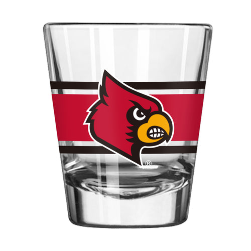 Louisville 2oz stripe shot glass from Logo Brands, clear drinkware with bold stripe design, ideal for shots and beverages.