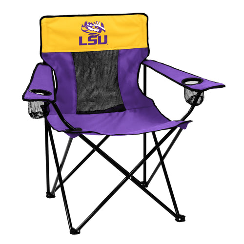 LSU Elite Logo Brands chair, black and purple sports furniture with LSU logo, designed for fans and game day seating.