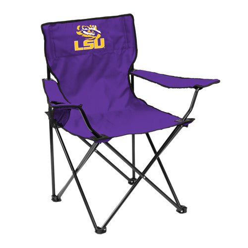 LSU Quad Chair by Logo Brands, portable seating with LSU logo, black fabric and sturdy frame, ideal for outdoor or game day use.