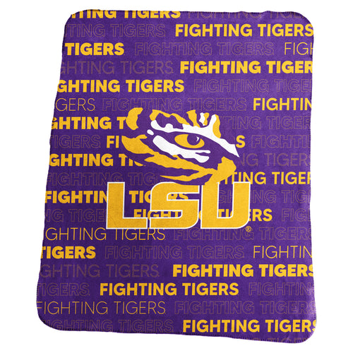 LSU Classic Throw blanket by Logo Brands, featuring LSU logo and team colors, displayed folded on a neutral background.