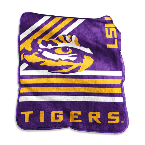 LSU Raschel throw blanket by Logo Brands, soft and cozy LSU-themed fleece blanket for fans.