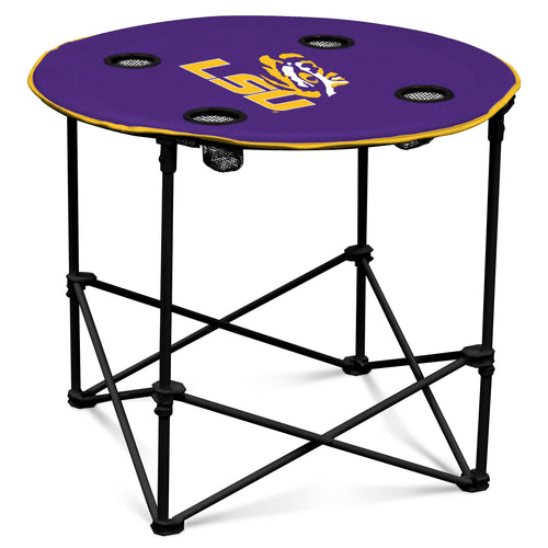 Round LSU logo table by Logo Brands, wooden furniture piece with LSU team colors and emblem, suitable for game rooms or patios.