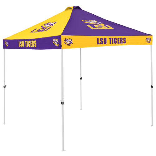 LSU Checkerboard Canopy shelter by Logo Brands, featuring a black and yellow checkerboard design for outdoor events.