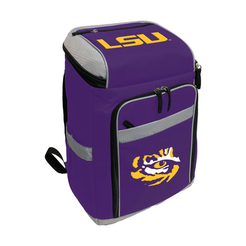 LSU 32 Can Backpack Cooler by Logo Brands with insulated main compartment, adjustable straps, and LSU logo design.