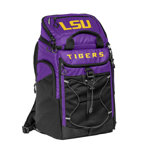 LSU 26 Can Backpack Cooler by Logo Brands, insulated cooler bag with adjustable straps and LSU team logo, suitable for outdoor activities.