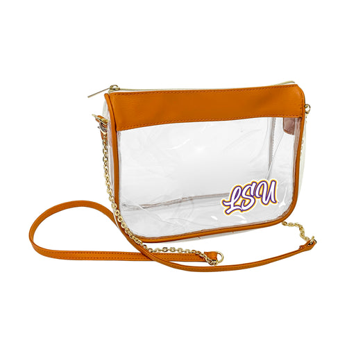 LSU Hype clear bag by Logo Brands, showing transparent design with LSU logo and tan-colored accents for sports events.