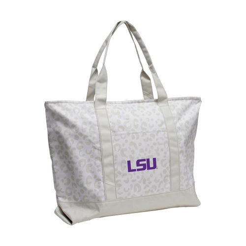 LSU Leopard Pattern Tote bag by Logo Brands, featuring leopard print design and spacious interior for carrying essentials.
