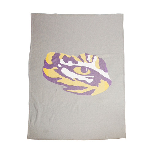 LSU oversized logo sublimated sweatshirt blanket with LSU branding, soft fabric, and vibrant purple and gold colors.