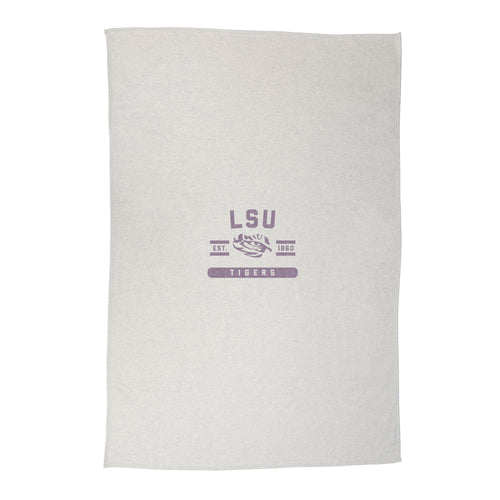 LSU oatmeal sweatshirt blanket by Logo Brands, cozy fleece blanket with LSU logo and sweatshirt design for fans.