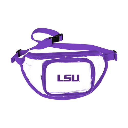 LSU clear fanny pack by Logo Brands showing transparent design with LSU logo, adjustable strap, and zippered main compartment.