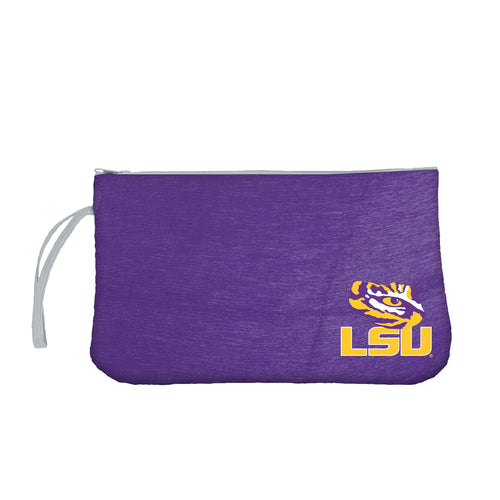 LSU Crosshatch Wristlet bag by Logo Brands showing textured fabric, wrist strap, and LSU logo design.