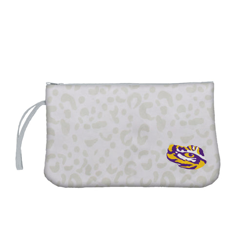 Leopard print LSU wristlet bag by Logo Brands, featuring a stylish small clutch with a wrist strap and animal pattern design.