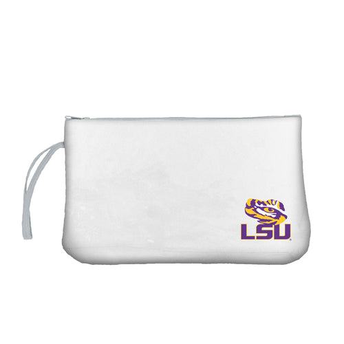 LSU clear wristlet bag by Logo Brands, stylish transparent bag with LSU logo, perfect for game day or casual use.