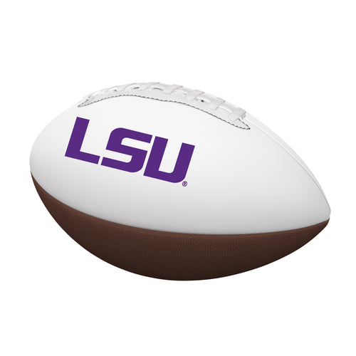 LSU Mini Autograph Football by Logo Brands, recreation football with visible autograph and team logo on leather surface.