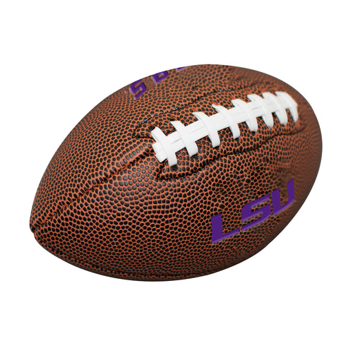 Mini LSU Logo Brands composite football for recreation, featuring team colors and branding on a compact football.