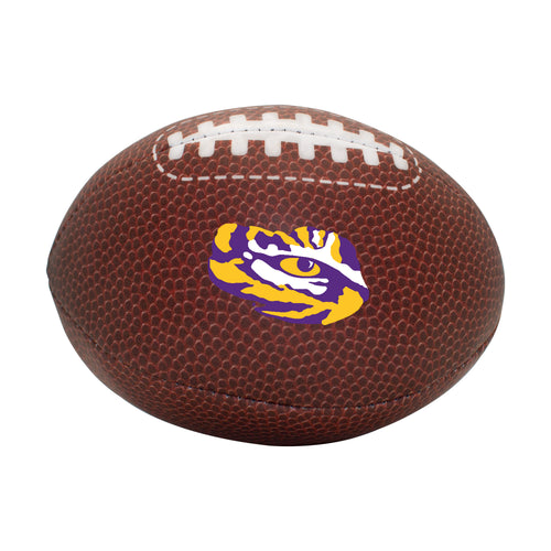 LSU logo brands brown micro soft football for recreational play, featuring LSU team branding on a textured surface.