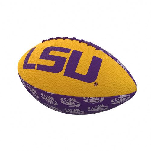 LSU Repeating Mini-Size Rubber Football for recreation by Logo Brands, featuring LSU logo and bright team colors.