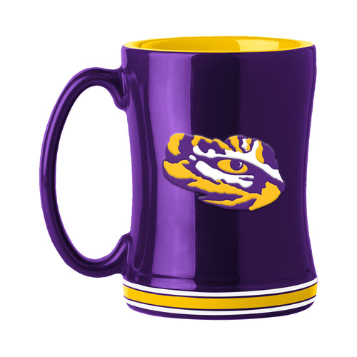 LSU 14oz Relief Mug by Logo Brands, featuring team logo and relief design, ideal for hot or cold beverages.