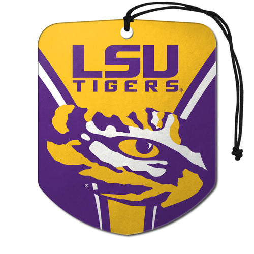 LSU auto air fresheners 2-pack by Logo Brands, featuring LSU logo and team colors, designed for car freshness and decoration.