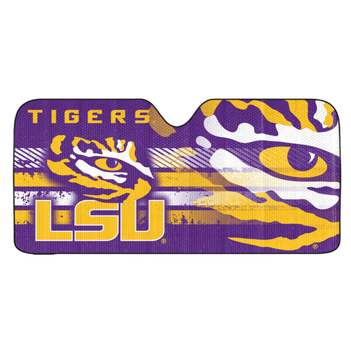 LSU auto shade by Logo Brands showing a car sunshade with LSU logo, designed to block sunlight and keep car interior cool.